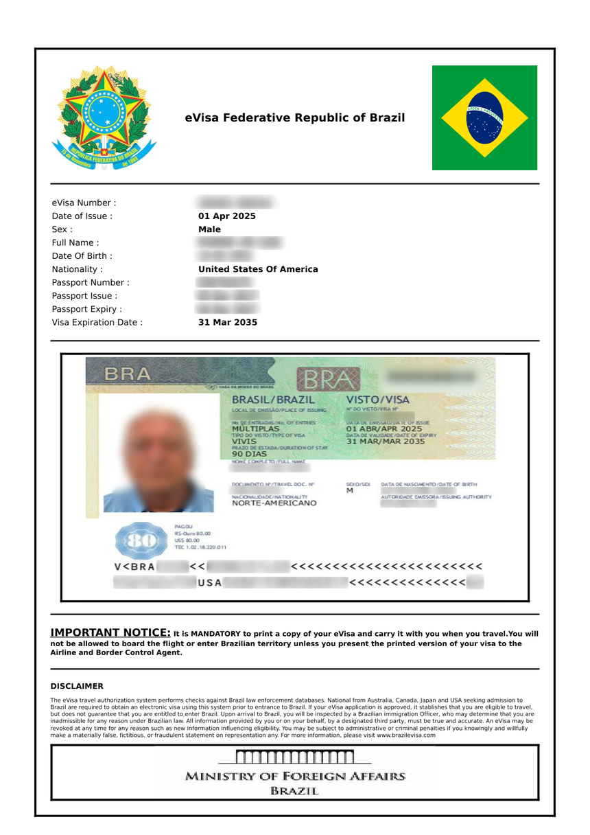 Example of a&nbsp;Brazil e-Visa document